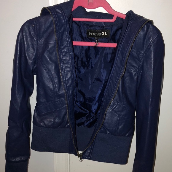 Navy Blue Leather Jacket - Picture 1 of 5